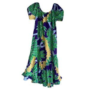 VTG Me Too Womens Off Shoulder Hawaiian Midi Dress Sz L Purple Yellow Floral